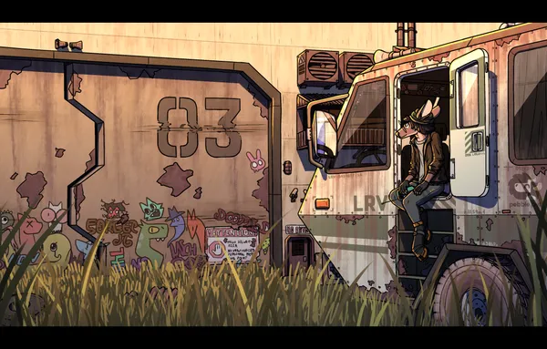 a drawn scene. on the right and in the foreground is a large strange looking vehicle. it looks very rugged and utilitarian, it kind of looks like a mix between an RV and a military truck. its exterior is rusted, its paint faded and covered in grime, it looks very old. the letters "LRV" can be prominently seen on its side. a small door on it rests open. on the ledge of the door sits a deer character, dressed in casual modern clothes. she's wearing a beanie, large round glasses, a brown jacket, fingerless gloves, and dark gray tights. on her hooves are very futuristic and utilitarian looking shoes. she's holding a strange device with an antenna as she looks towards what's in the background with a subtle smile. in the background is the side of a large concrete building, covered with various rusted protrusions that once served a purpose. its main visible feature is a hangar door that's several stories tall, with a large faded number, "03". it appears to be ajar, but not enough to see inside. on its bottom portion is a large "ATTENTION" sign, the text and imagery on it boils down to "don't go here". the lower portion of the door is covered in colorful graffiti, it's also faded but much less so than the rest of the building. the lighting of this scene is very warm, it appears to be either dawn or sunset.