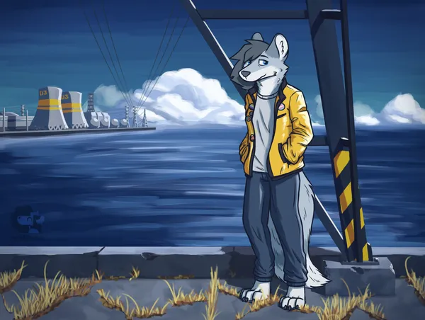 a digital painting slash drawing. its colour scheme is primarily deep blue and bright yellow. it features a bluish-grey anthro fox, dressed in loose jeans and an unzipped yellow jacket with various buttons on it. she's got her hands in her jacket's pockets. she looks tired, like she's been through a lot. she's looking at the viewer with a weary smile. she's standing on what looks to be an old weathered concrete pier, with dead grass poking out through the cracks in it. behind her is one support of an electric transmission tower, which is connected by overhead wires to another one in the far distance. also in the far distance is what looks to be a nuclear power plant with two cooling towers, they each have "03" written on them. in the far distance fluffy clouds can be seen just above the water.