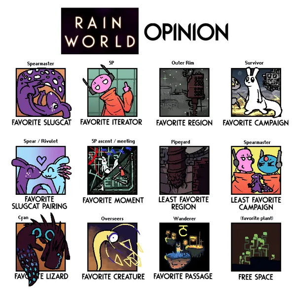 an image titled "rain world opinion", with drawings underneath representing my choices for each prompt. favorite slugcat is spearmaster, favorite iterator is five pebbles, favorite region is outer rim, favorite campaign is survivor, favorite slugcat pairing is spearmaster and rivulet, favorite moment is the five pebbles ascent and meeting, least favorite region is pipeyard, least favorite campaign is spearmaster, favorite lizard is cyan, favorite creature is the overseers, favorite passage is wanderer, and free space has my favorite plant from the game