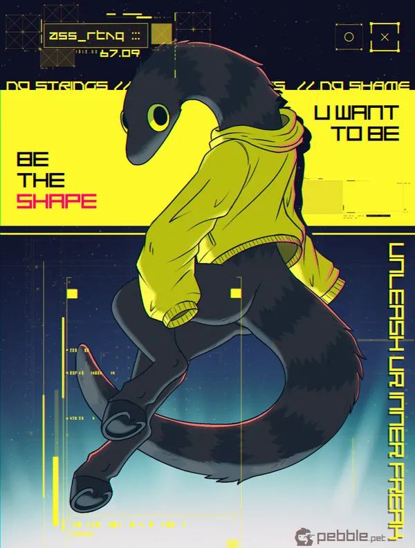 a poster-like artwork of an anthro worm on a string floating freely in a space-like void, looking at the viewer. the worm is gray in color, very long and noodly. it has (horse) hooved legs and it's wearing a loose yellow hoodie, with its sleeves swaying freely as it doesn't have arms. it's surrounded by artsy visual and text elements, with the main text being "be the shape u want to be". it also says "unleash ur inner freak" and "no strings / no shame". 
